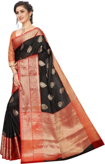 Embellished Tanchoi Jacquard, Art Silk Saree (Black)