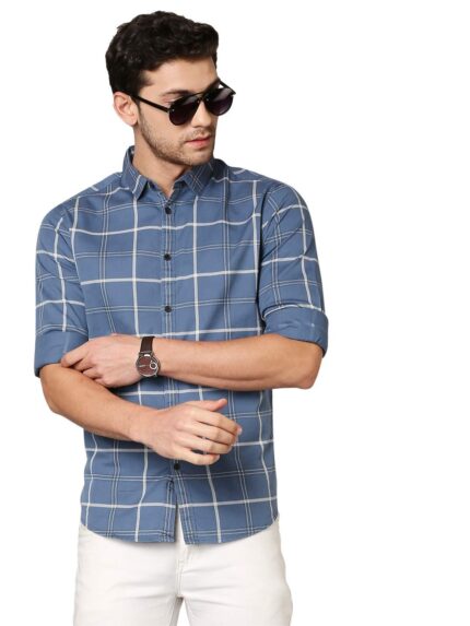 Dennis Lingo Men's Checkered D-Blue Slim Fit Cotton Casual Shirt (AZ751_D-Blue_L)