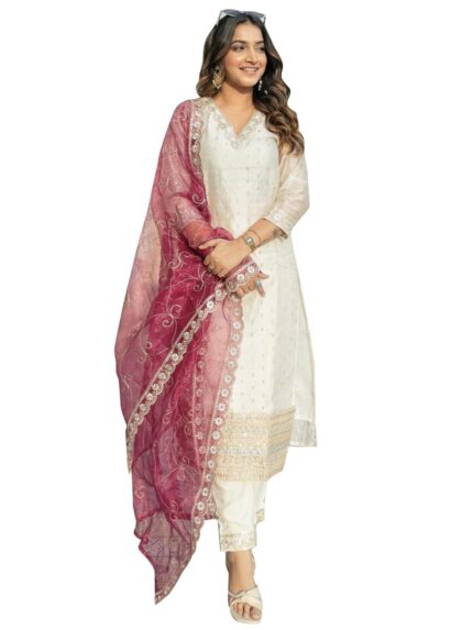 VredeVogel Women's Chanderi Silk Embroidered Kurta with Pant & Organza Dupatta Set | Casual Outfit Ethnic Kurta Set for Women | Modern & Traditional Blend Ethnic Wear (White_Medium)
