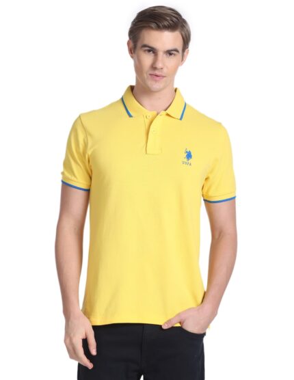 U.S. POLO ASSN. Men's Tipped Collar Pure Cotton Slim Fit Polo Shirt (USTSHS1538_Yellow_Yellow_XL)