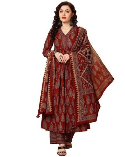 KLOSIA Women Printed Kurta and Pant Set with Dupatta (in, Alpha, 2XL, Red)