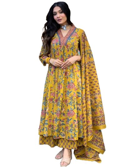 GoSriKi Women's Rayon Blend Anarkali Printed Kurta with Pant & Dupatta & Dupatta (CIA Yellow-GS_XXL_Yellow_XX-Large)