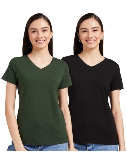 Amazon Brand - Symbol Women's Cotton Regular Fit T Shirt (2Vn05_Black&Dk Green M)