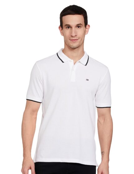 Peter England Men's Snug Fit Solid Polo T-Shirt with Coloured Collar Tipping| Cotton Rich| Premium Pique Weave White